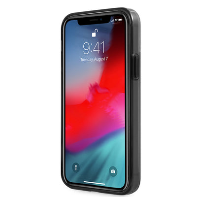 Apple iPhone 12 Pro Max Kılıf Ferrari Orjinal Lisanlı Klasik Metal Logolu Transparan Çizgi Desenli Gradient Kapak Siyah