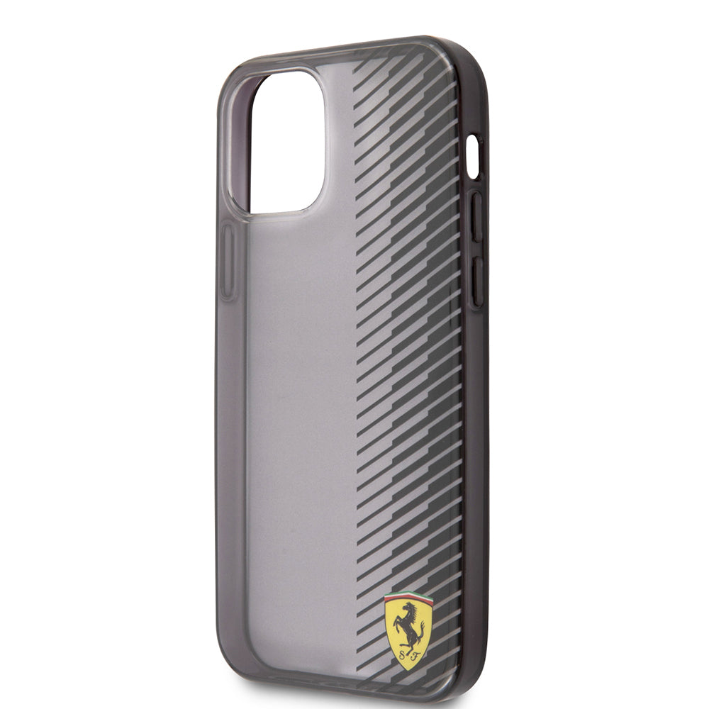 Apple iPhone 12 Pro Max Kılıf Ferrari Orjinal Lisanlı Klasik Metal Logolu Transparan Çizgi Desenli Gradient Kapak Siyah