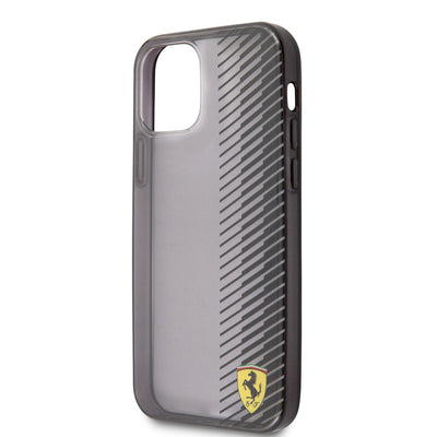 Apple iPhone 12 Pro Max Kılıf Ferrari Orjinal Lisanlı Klasik Metal Logolu Transparan Çizgi Desenli Gradient Kapak Siyah
