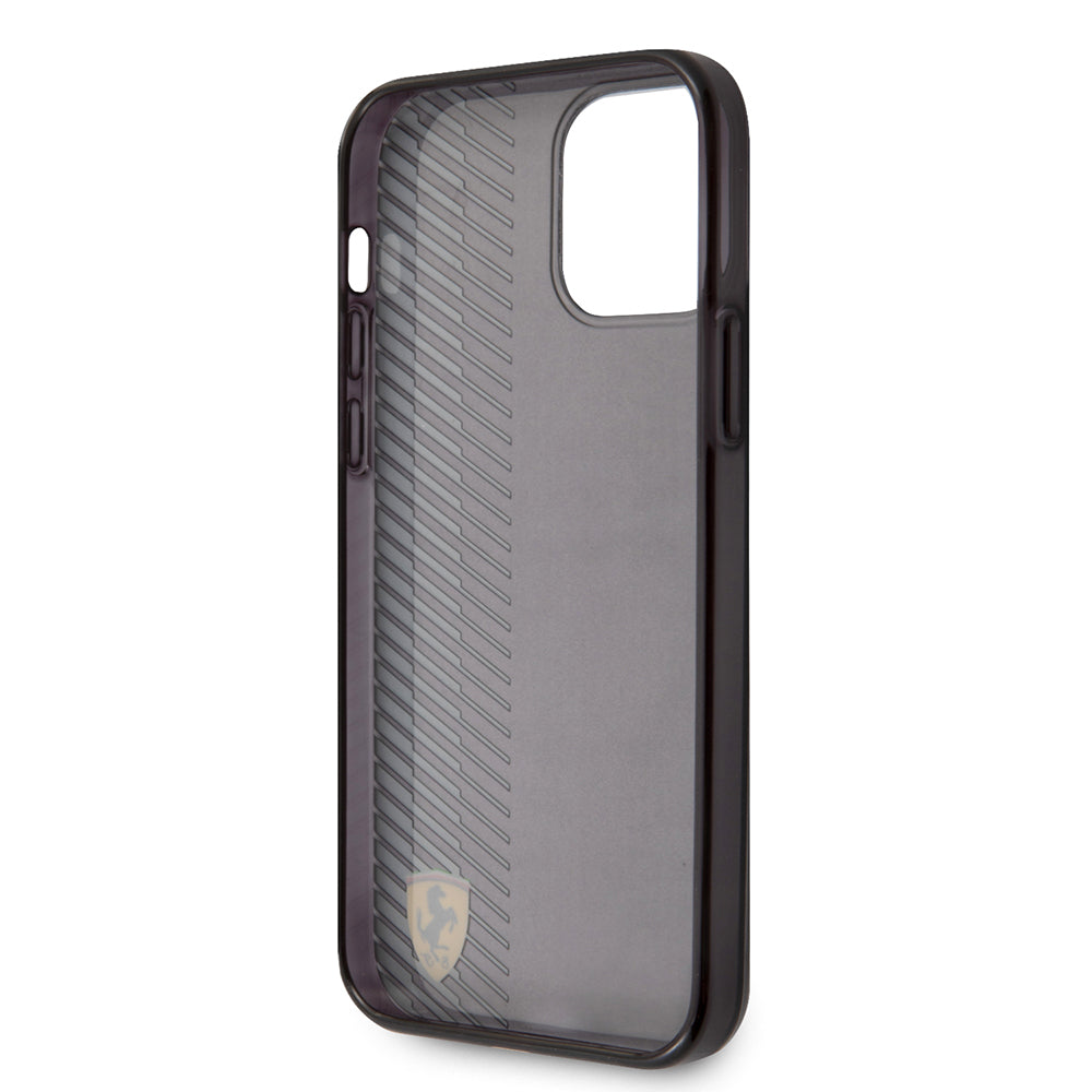 Apple iPhone 12 Pro Max Kılıf Ferrari Orjinal Lisanlı Klasik Metal Logolu Transparan Çizgi Desenli Gradient Kapak Siyah
