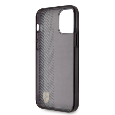 Apple iPhone 12 Pro Max Kılıf Ferrari Orjinal Lisanlı Klasik Metal Logolu Transparan Çizgi Desenli Gradient Kapak Siyah