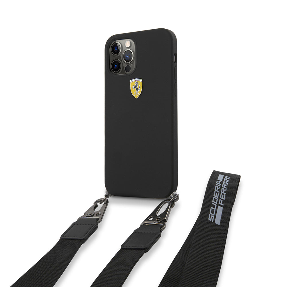 Apple iPhone 12 Pro Max Kılıf Ferrari Orjinal Lisanslı Askılı Metal Logolu Kapak Siyah