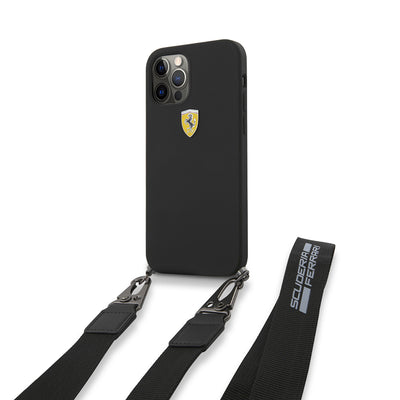 Apple iPhone 12 Pro Max Kılıf Ferrari Orjinal Lisanslı Askılı Metal Logolu Kapak Siyah