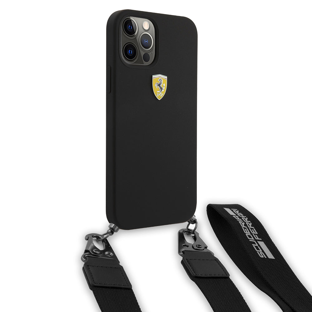 Apple iPhone 12 Pro Max Kılıf Ferrari Orjinal Lisanslı Askılı Metal Logolu Kapak Siyah