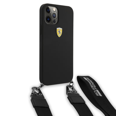 Apple iPhone 12 Pro Max Kılıf Ferrari Orjinal Lisanslı Askılı Metal Logolu Kapak Siyah