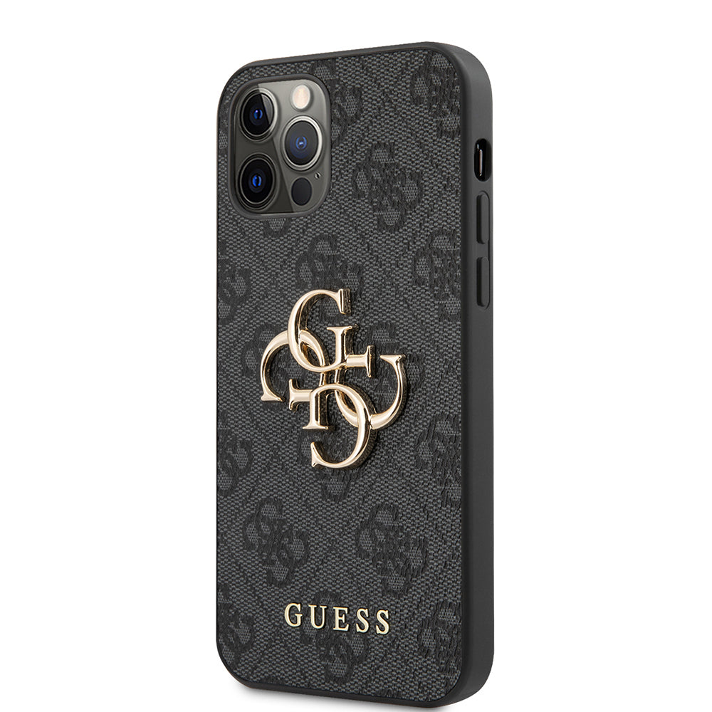 Apple iPhone 12 Pro Max Kılıf Guess Orjinal Lisanslı PU Deri Büyük Metal Logo Dizaynlı Kapak Gri