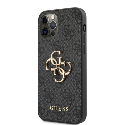 Apple iPhone 12 Pro Max Kılıf Guess Orjinal Lisanslı PU Deri Büyük Metal Logo Dizaynlı Kapak Kahverengi