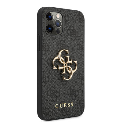 Apple iPhone 12 Pro Max Kılıf Guess Orjinal Lisanslı PU Deri Büyük Metal Logo Dizaynlı Kapak Kahverengi