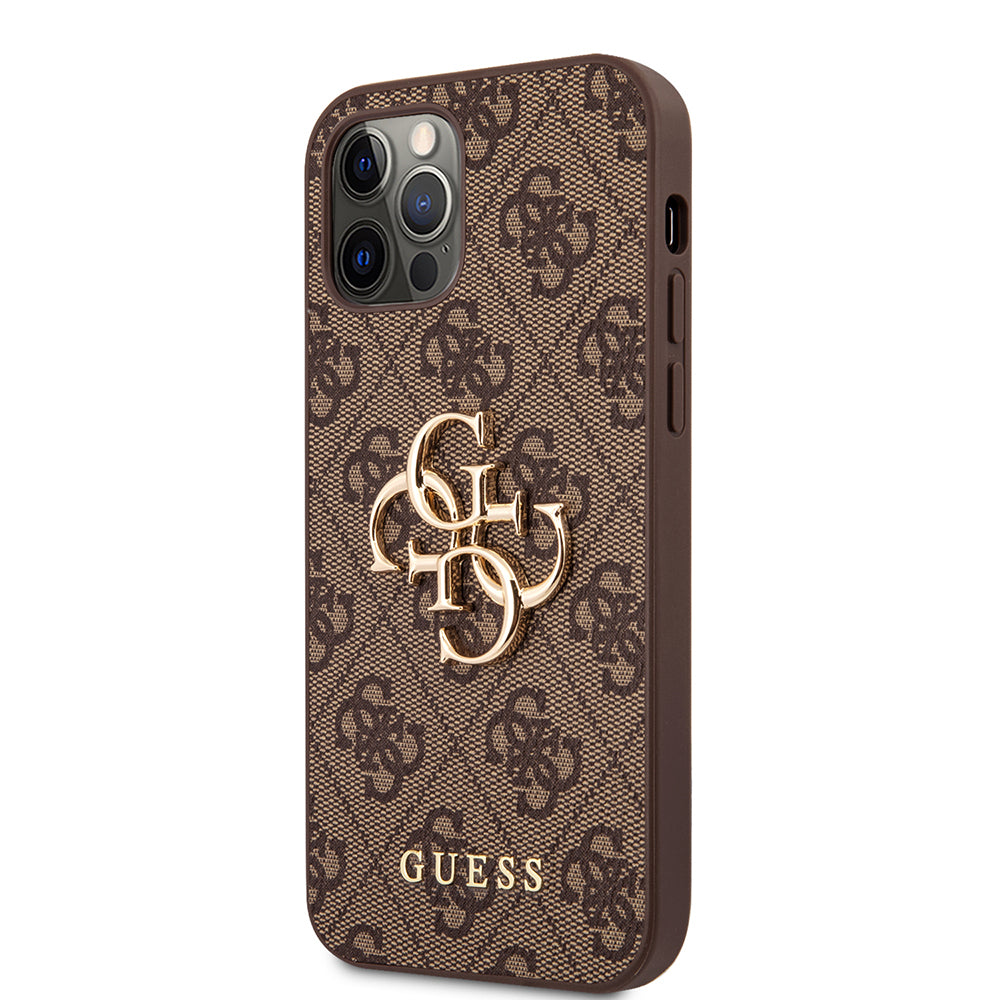 Apple iPhone 12 Pro Max Kılıf Guess Orjinal Lisanslı PU Deri Büyük Metal Logo Dizaynlı Kapak Kahverengi