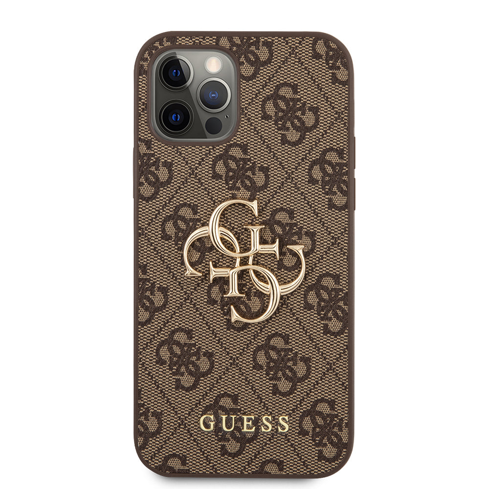 Apple iPhone 12 Pro Max Kılıf Guess Orjinal Lisanslı PU Deri Büyük Metal Logo Dizaynlı Kapak Kahverengi