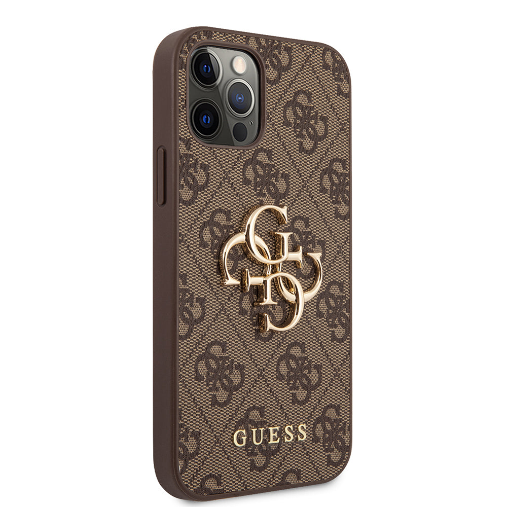 Apple iPhone 12 Pro Max Kılıf Guess Orjinal Lisanslı PU Deri Büyük Metal Logo Dizaynlı Kapak Kahverengi