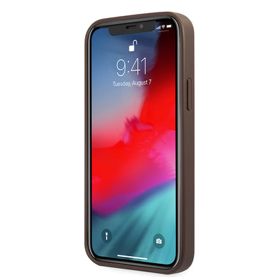 Apple iPhone 12 Pro Max Kılıf Guess Orjinal Lisanslı PU Deri Büyük Metal Logo Dizaynlı Kapak Kahverengi