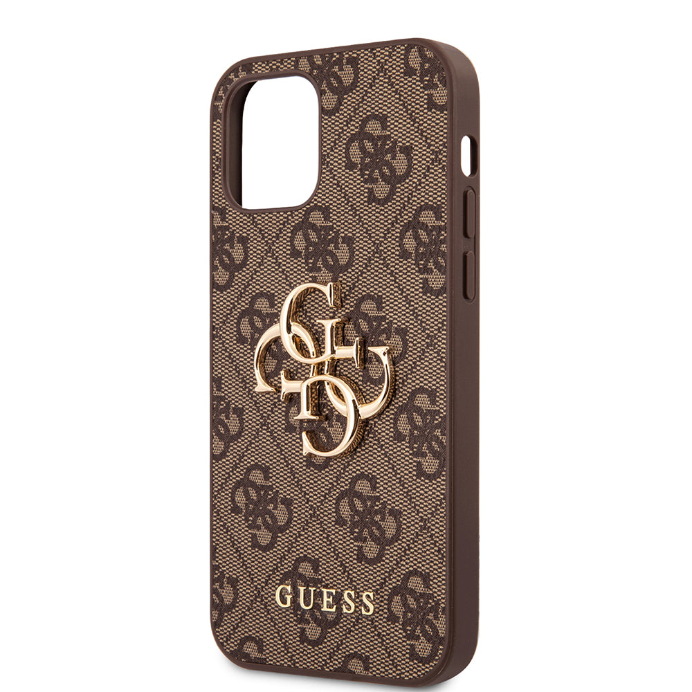Apple iPhone 12 Pro Max Kılıf Guess Orjinal Lisanslı PU Deri Büyük Metal Logo Dizaynlı Kapak Kahverengi