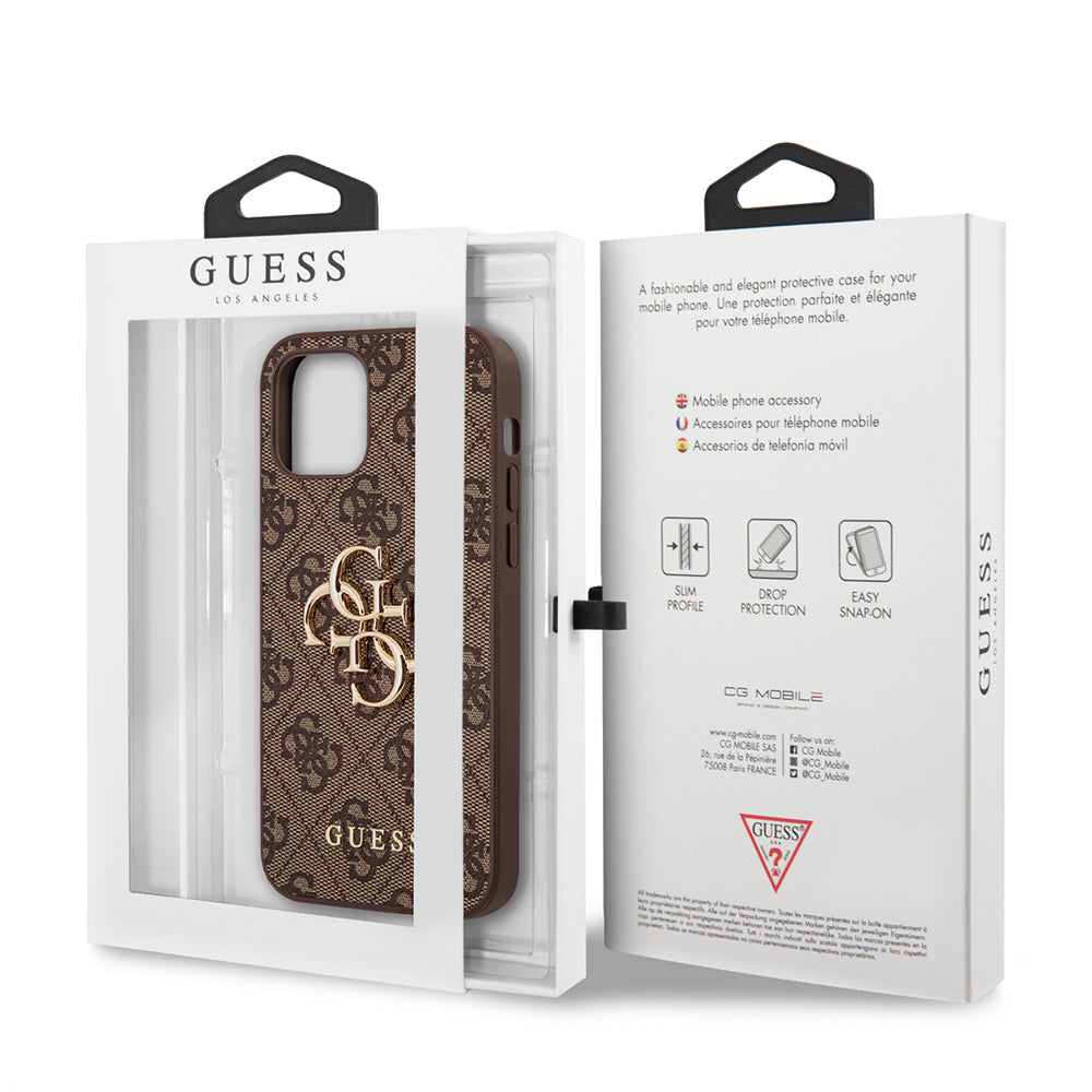 Apple iPhone 12 Pro Max Kılıf Guess Orjinal Lisanslı PU Deri Büyük Metal Logo Dizaynlı Kapak Kahverengi