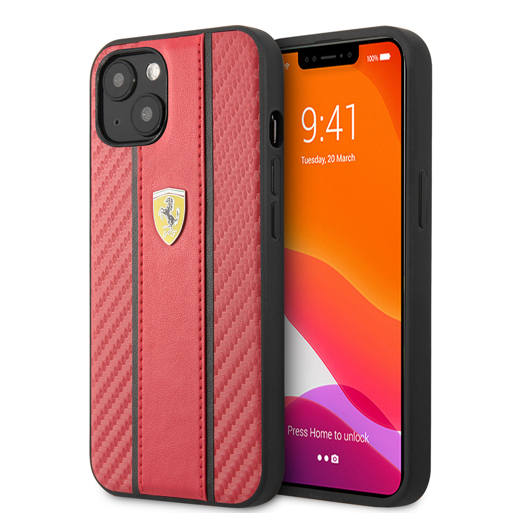 Apple iPhone 13 Kılıf Ferrari Orjinal Lisanslı PU Deri Ve Karbon Dizayn Kapak Kırmızı