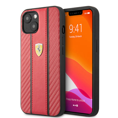 Apple iPhone 13 Kılıf Ferrari Orjinal Lisanslı PU Deri Ve Karbon Dizayn Kapak Kırmızı