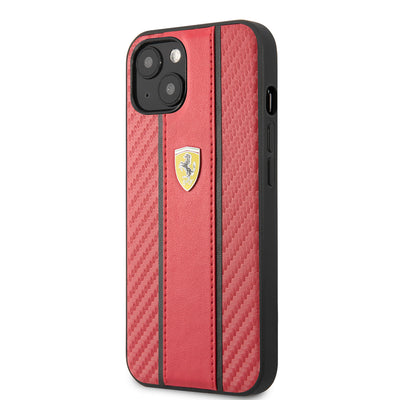 Apple iPhone 13 Kılıf Ferrari Orjinal Lisanslı PU Deri Ve Karbon Dizayn Kapak Kırmızı