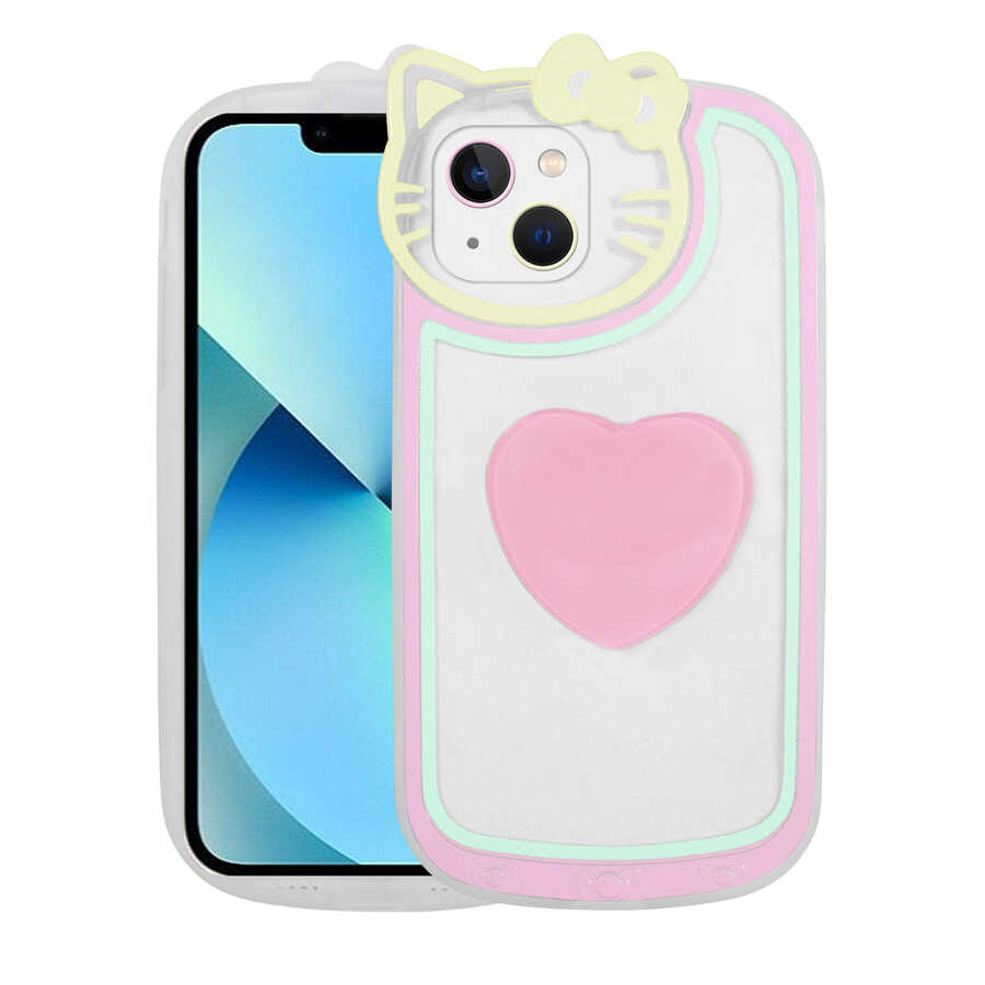 Apple iPhone 13 Kılıf Kedi Figürlü Transparan Pop Soketli Zore Ritmik Kapak Pembe