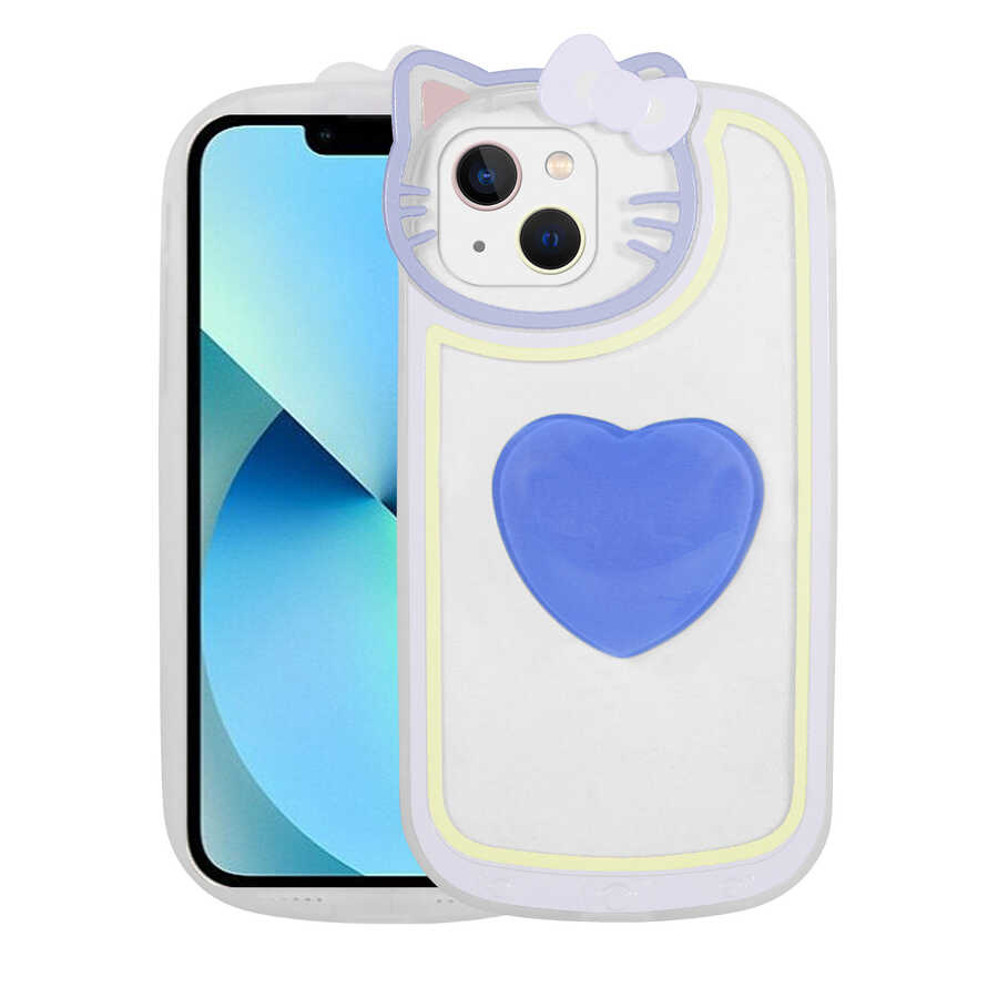 Apple iPhone 13 Kılıf Kedi Figürlü Transparan Pop Soketli Zore Ritmik Kapak Mavi