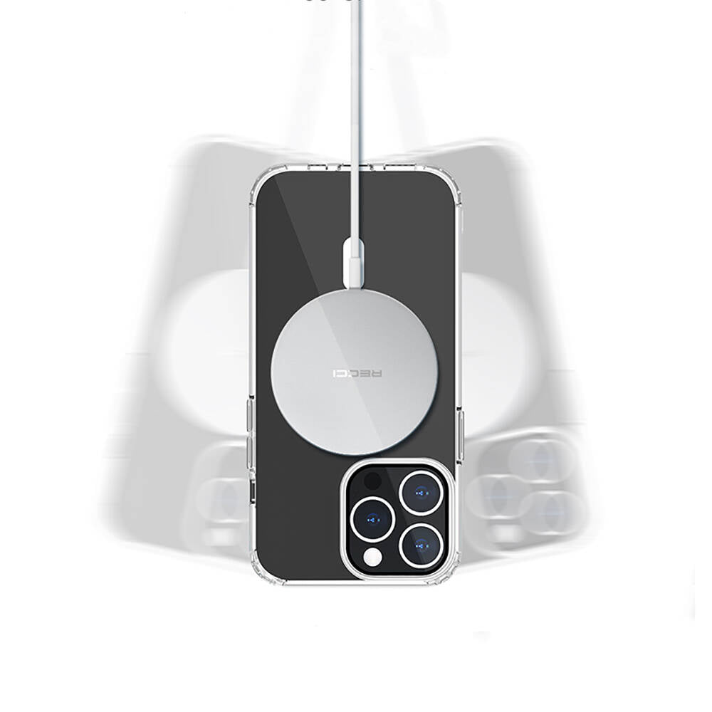 iPhone 13 Kılıf M-safe Şarj Özellikli Airbagli Şeffaf PC Arka Yüzey Recci Magnetik Suction Serisi Kılıf