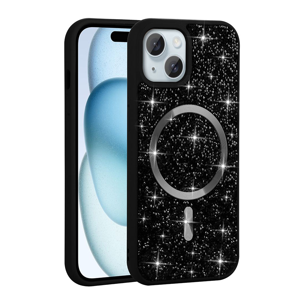 Apple iPhone 13 Kılıf Pırlanta Tasarımlı M-safe Şarj Özellikli Zore Mozaik Silikon Kapak Siyah