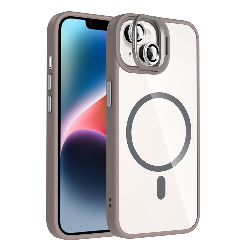 Apple iPhone 13 Kılıf Standlı ve Kamera Lens Hediyeli M-Safe Şarj Özellikli Zore Etro Kapak Gri