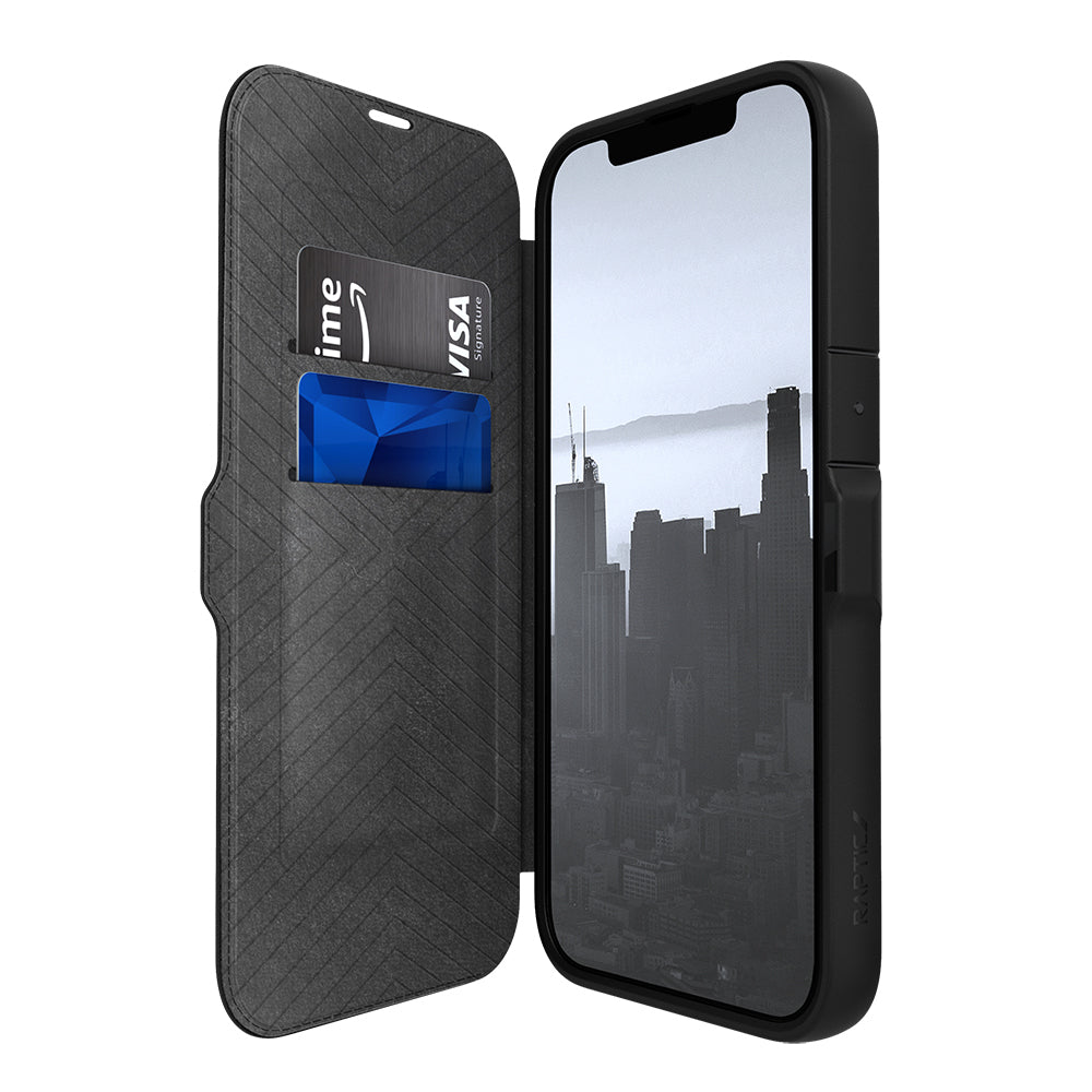 Apple iPhone 13 Kılıf Vegan Deri Tasarımlı Şeffaf Arka Yüzey Kartlıklı Raptic Urban Folio Serisi Kapak Siyah