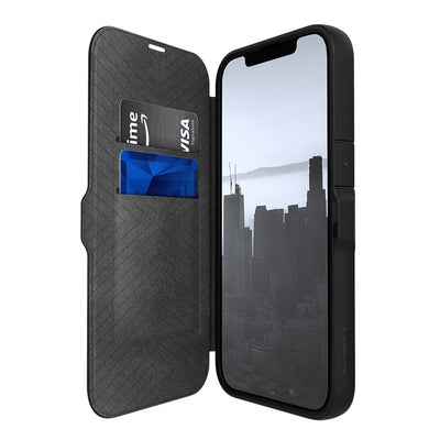 Apple iPhone 13 Kılıf Vegan Deri Tasarımlı Şeffaf Arka Yüzey Kartlıklı Raptic Urban Folio Serisi Kapak Siyah