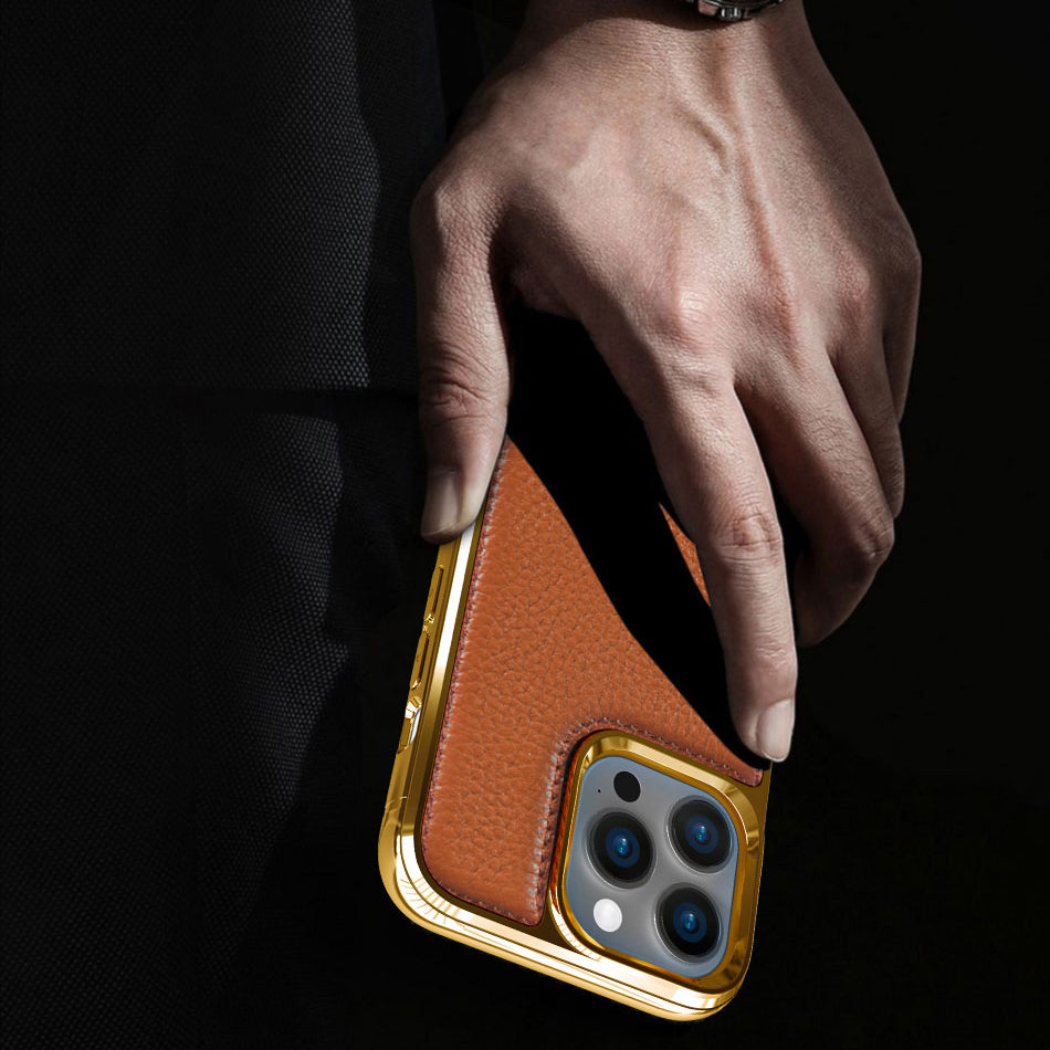 iPhone 13 Kılıf Wiwu Genuine Leather Gold Calfskin Orjinal Deri Kılıf