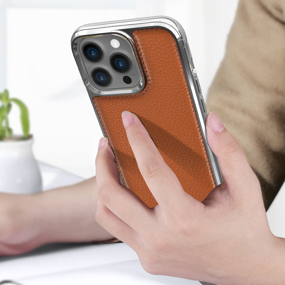 iPhone 13 Kılıf Wiwu Genuine Leather Silver Calfskin Orjinal Deri Kılıf