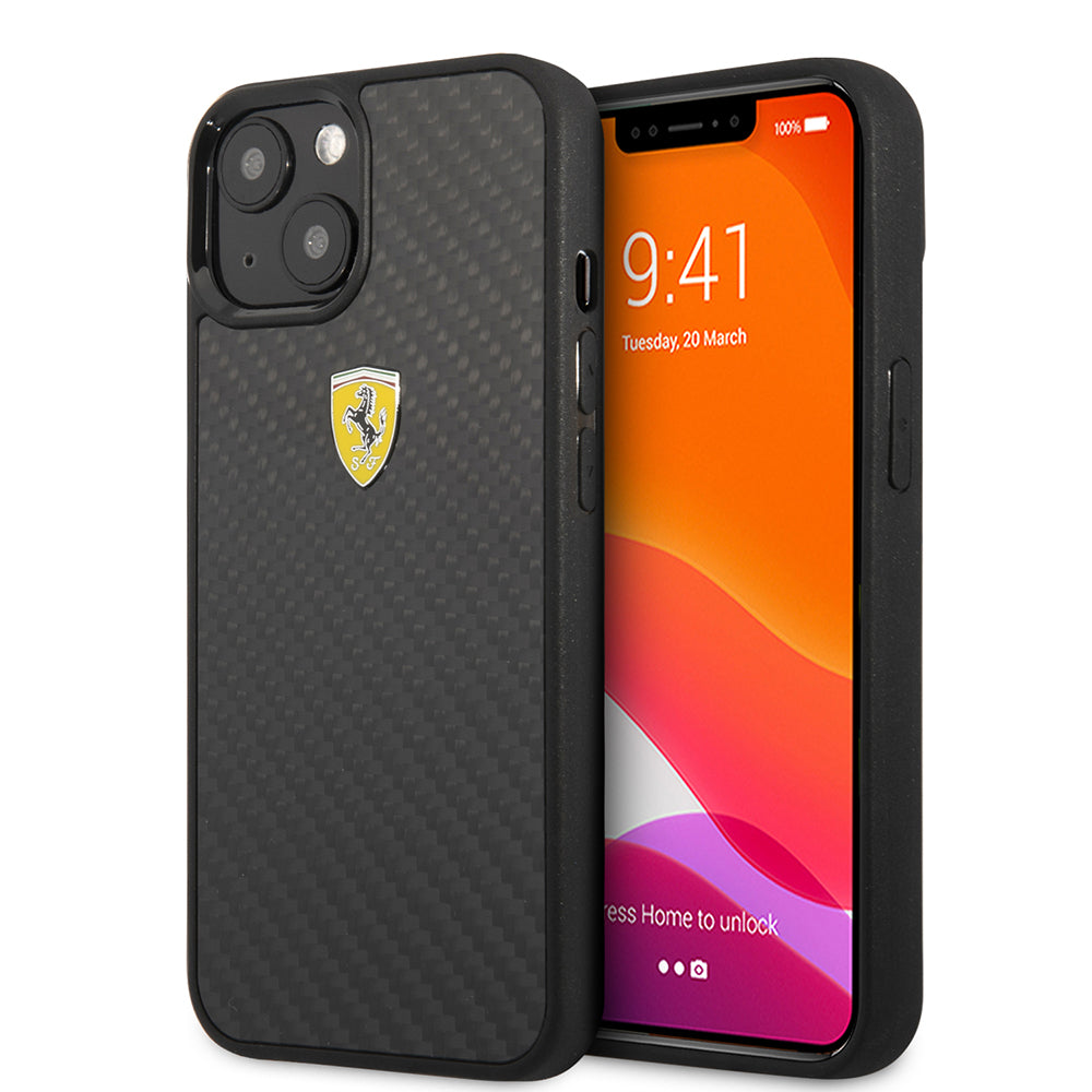 iPhone 13 Mini Kılıf Ferrari Orjinal Lisanlı Klasik Metal Logolu Karbon Dizayn Kılıf