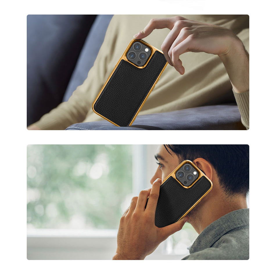 iPhone 13 Pro Kılıf Wiwu Genuine Leather Gold Calfskin Orjinal Deri Kılıf