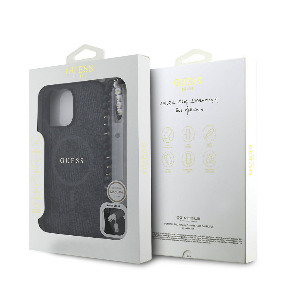 iPhone 13 Pro Max Kılıf Guess Orjinal Lisanslı M-safe Şarj Özellikli PU Deri Bilek Askı İpli Yazı Logolu Kılıf