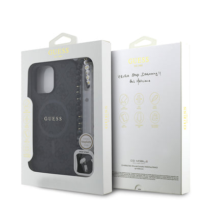 iPhone 13 Pro Max Kılıf Guess Orjinal Lisanslı M-safe Şarj Özellikli PU Deri Bilek Askı İpli Yazı Logolu Kılıf