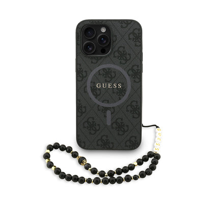iPhone 13 Pro Max Kılıf Guess Orjinal Lisanslı M-safe Şarj Özellikli PU Deri Bilek Askı İpli Yazı Logolu Kılıf