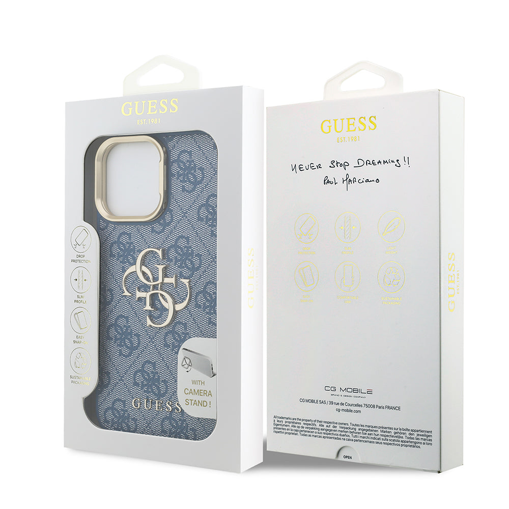 iPhone 13 Pro Max Kılıf Guess Orjinal Lisanslı PU Deri 4G Desenli Metal Büyük 4G ve Yazı Logolu Kamera Standlı Kılıf