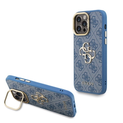 iPhone 13 Pro Max Kılıf Guess Orjinal Lisanslı PU Deri 4G Desenli Metal Büyük 4G ve Yazı Logolu Kamera Standlı Kılıf