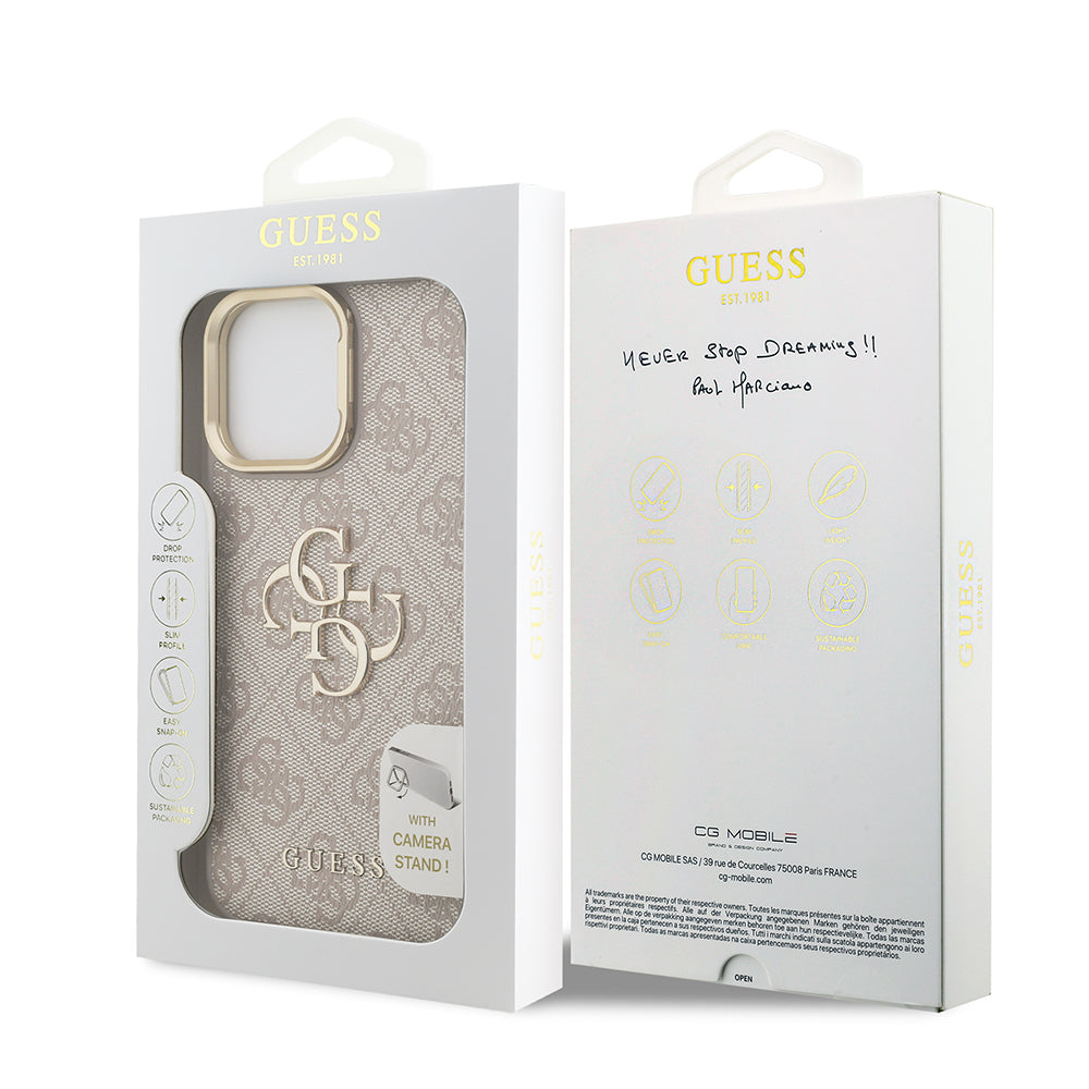 iPhone 13 Pro Max Kılıf Guess Orjinal Lisanslı PU Deri 4G Desenli Metal Büyük 4G ve Yazı Logolu Kamera Standlı Kılıf