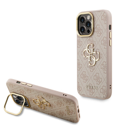 iPhone 13 Pro Max Kılıf Guess Orjinal Lisanslı PU Deri 4G Desenli Metal Büyük 4G ve Yazı Logolu Kamera Standlı Kılıf