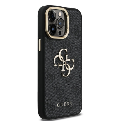 iPhone 13 Pro Max Kılıf Guess Orjinal Lisanslı PU Deri 4G Desenli Metal Büyük 4G ve Yazı Logolu Kamera Standlı Kılıf