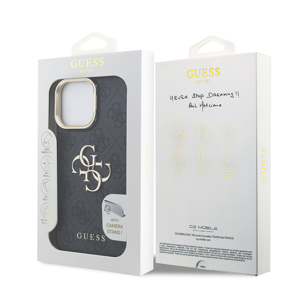 iPhone 13 Pro Max Kılıf Guess Orjinal Lisanslı PU Deri 4G Desenli Metal Büyük 4G ve Yazı Logolu Kamera Standlı Kılıf