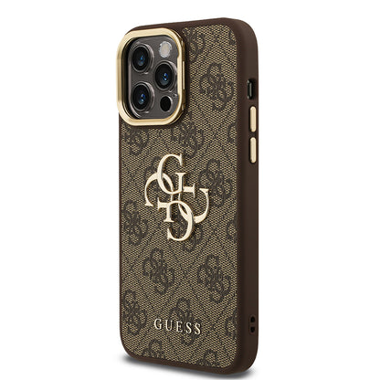 iPhone 13 Pro Max Kılıf Guess Orjinal Lisanslı PU Deri 4G Desenli Metal Büyük 4G ve Yazı Logolu Kamera Standlı Kılıf