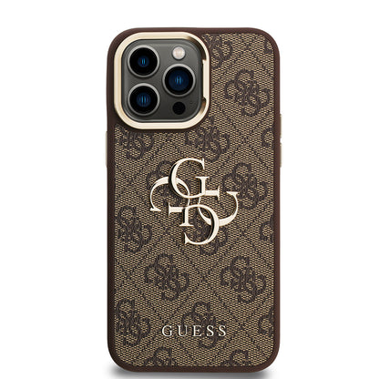 iPhone 13 Pro Max Kılıf Guess Orjinal Lisanslı PU Deri 4G Desenli Metal Büyük 4G ve Yazı Logolu Kamera Standlı Kılıf