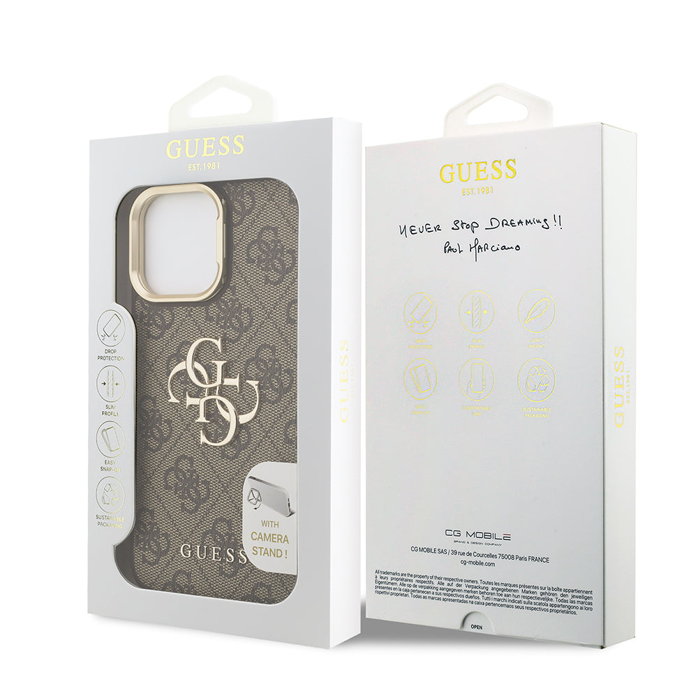 iPhone 13 Pro Max Kılıf Guess Orjinal Lisanslı PU Deri 4G Desenli Metal Büyük 4G ve Yazı Logolu Kamera Standlı Kılıf