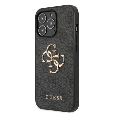 Apple iPhone 13 Pro Max Kılıf Guess Orjinal Lisanslı PU Deri 4G Desenli Metal Büyük 4G ve Yazı Logolu Kapak Gri