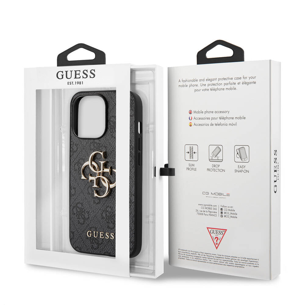 Apple iPhone 13 Pro Max Kılıf Guess Orjinal Lisanslı PU Deri 4G Desenli Metal Büyük 4G ve Yazı Logolu Kapak Gri