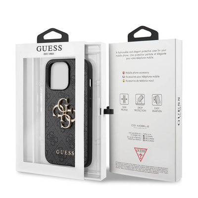 Apple iPhone 13 Pro Max Kılıf Guess Orjinal Lisanslı PU Deri 4G Desenli Metal Büyük 4G ve Yazı Logolu Kapak Gri