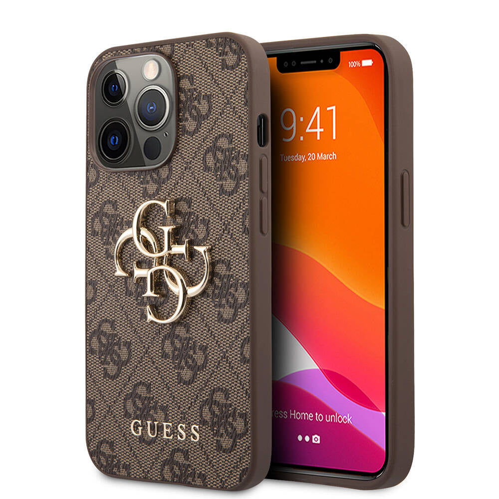 Apple iPhone 13 Pro Max Kılıf Guess Orjinal Lisanslı PU Deri 4G Desenli Metal Büyük 4G ve Yazı Logolu Kapak Kahverengi