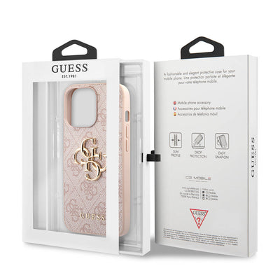 Apple iPhone 13 Pro Max Kılıf Guess Orjinal Lisanslı PU Deri 4G Desenli Metal Büyük 4G ve Yazı Logolu Kapak Pembe