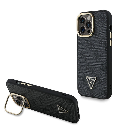 iPhone 13 Pro Max Kılıf Guess Orjinal Lisanslı PU Deri Taşlı Üçgen Logo 4G Desenli Kamera Standlı Kılıf